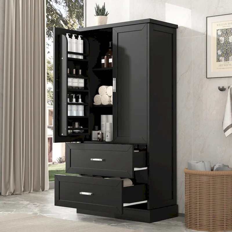 Mobiletto alto da bagno, Armadietto con due ante e cassetti, Ripiano regolabile, Pannello in MDF
