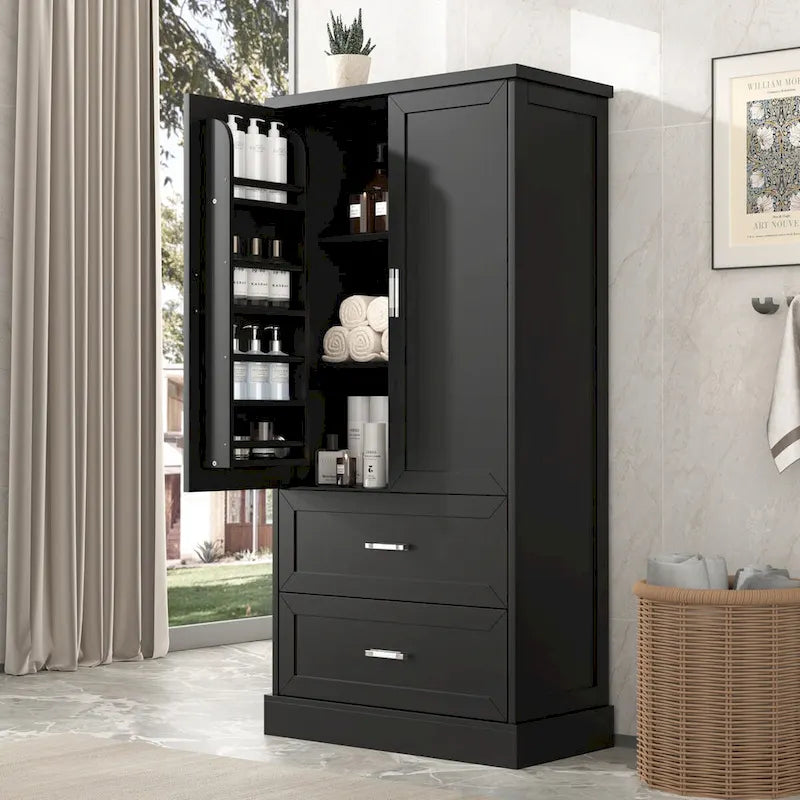 Mobiletto alto da bagno, Armadietto con due ante e cassetti, Ripiano regolabile, Pannello in MDF