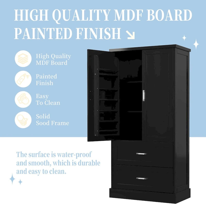 Mobiletto alto da bagno, Armadietto con due ante e cassetti, Ripiano regolabile, Pannello in MDF