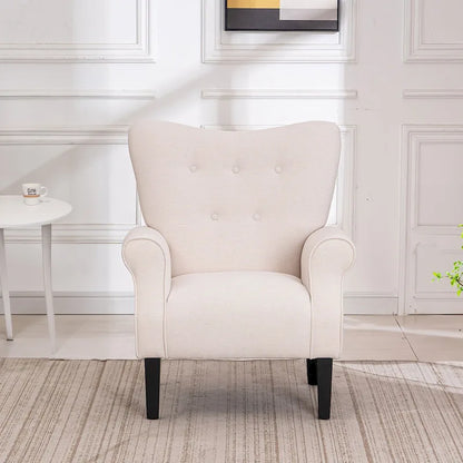 EROMMY Wingback Accent Chair, High-Back Upholstered Fabric Chair with Wooden Legs, Off-White