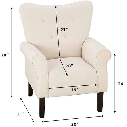 EROMMY Wingback Accent Chair, High-Back Upholstered Fabric Chair with Wooden Legs, Off-White