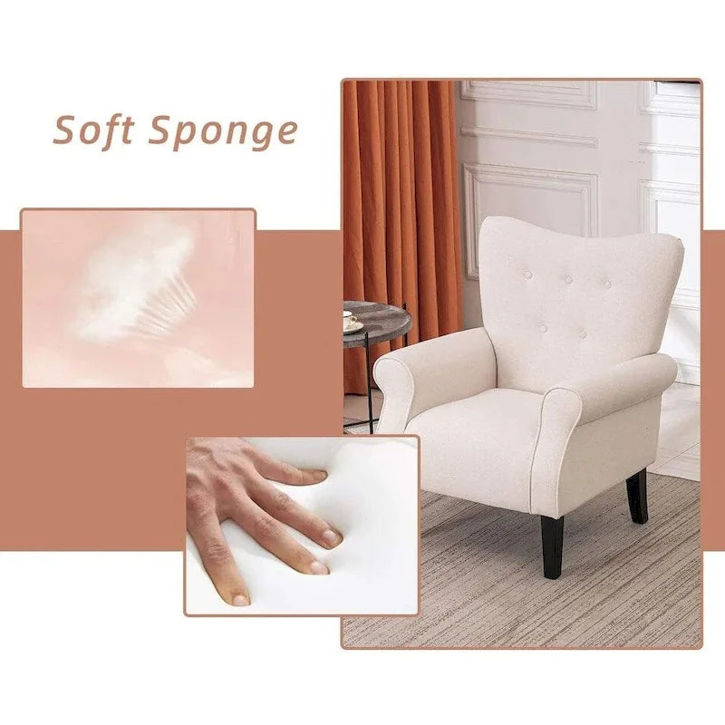 EROMMY Wingback Accent Chair, High-Back Upholstered Fabric Chair with Wooden Legs, Off-White