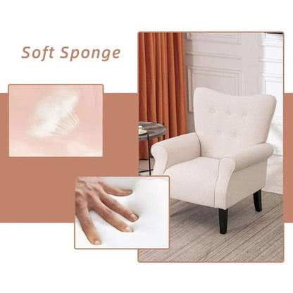 EROMMY Wingback Accent Chair, High-Back Upholstered Fabric Chair with Wooden Legs, Off-White