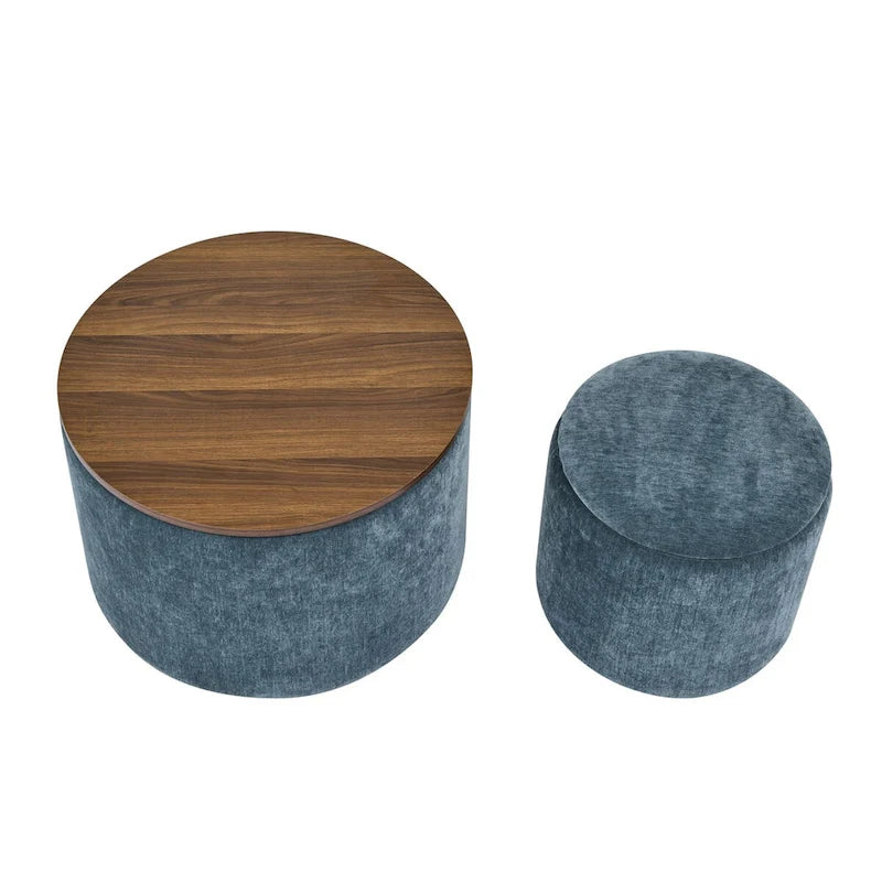 2-Piece Set Round Chenille Storage Ottoman, Equipped with a Drum Shaped Small Stool, Storage Space, and MDF Made Desktop Panel