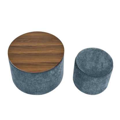 2-Piece Set Round Chenille Storage Ottoman, Equipped with a Drum Shaped Small Stool, Storage Space, and MDF Made Desktop Panel
