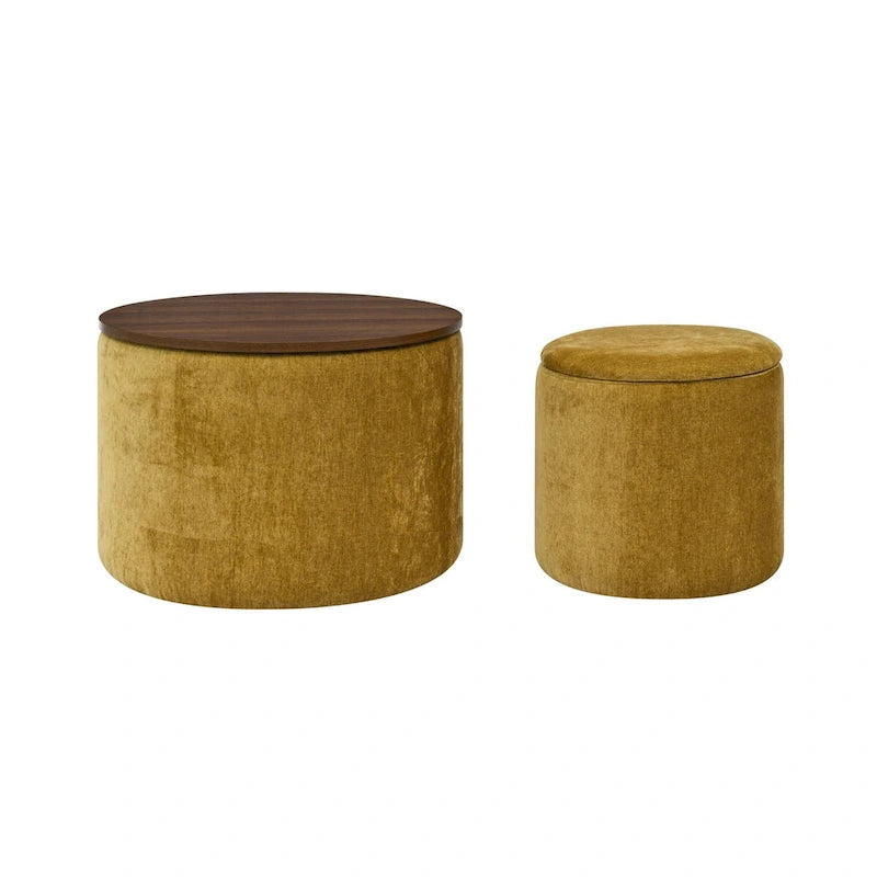 2-Piece Set Round Chenille Storage Ottoman, Equipped with a Drum Shaped Small Stool, Storage Space, and MDF Made Desktop Panel