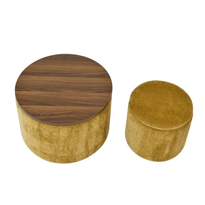 2-Piece Set Round Chenille Storage Ottoman, Equipped with a Drum Shaped Small Stool, Storage Space, and MDF Made Desktop Panel