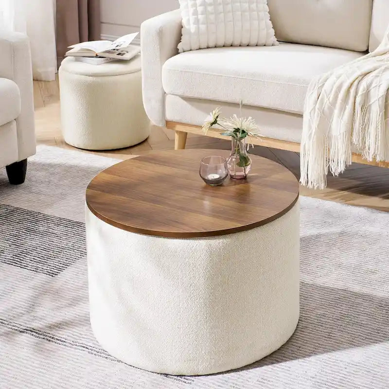 2-Piece Set Round Chenille Storage Ottoman, Equipped with a Drum Shaped Small Stool, Storage Space, and MDF Made Desktop Panel