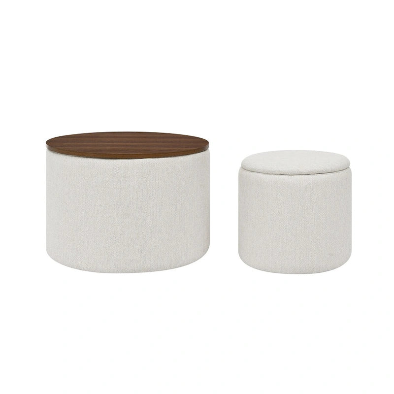 2-Piece Set Round Chenille Storage Ottoman, Equipped with a Drum Shaped Small Stool, Storage Space, and MDF Made Desktop Panel