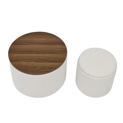 2-Piece Set Round Chenille Storage Ottoman, Equipped with a Drum Shaped Small Stool, Storage Space, and MDF Made Desktop Panel