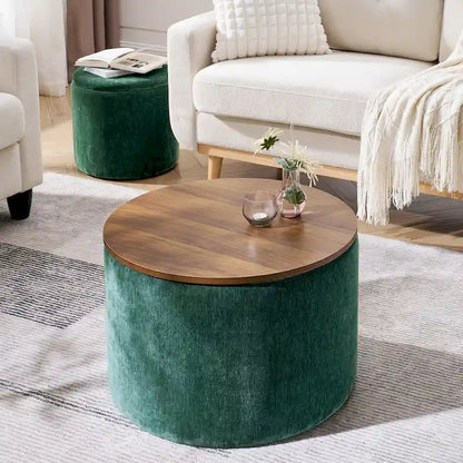 2-Piece Set Round Chenille Storage Ottoman, Equipped with a Drum Shaped Small Stool, Storage Space, and MDF Made Desktop Panel