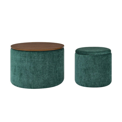 2-Piece Set Round Chenille Storage Ottoman, Equipped with a Drum Shaped Small Stool, Storage Space, and MDF Made Desktop Panel
