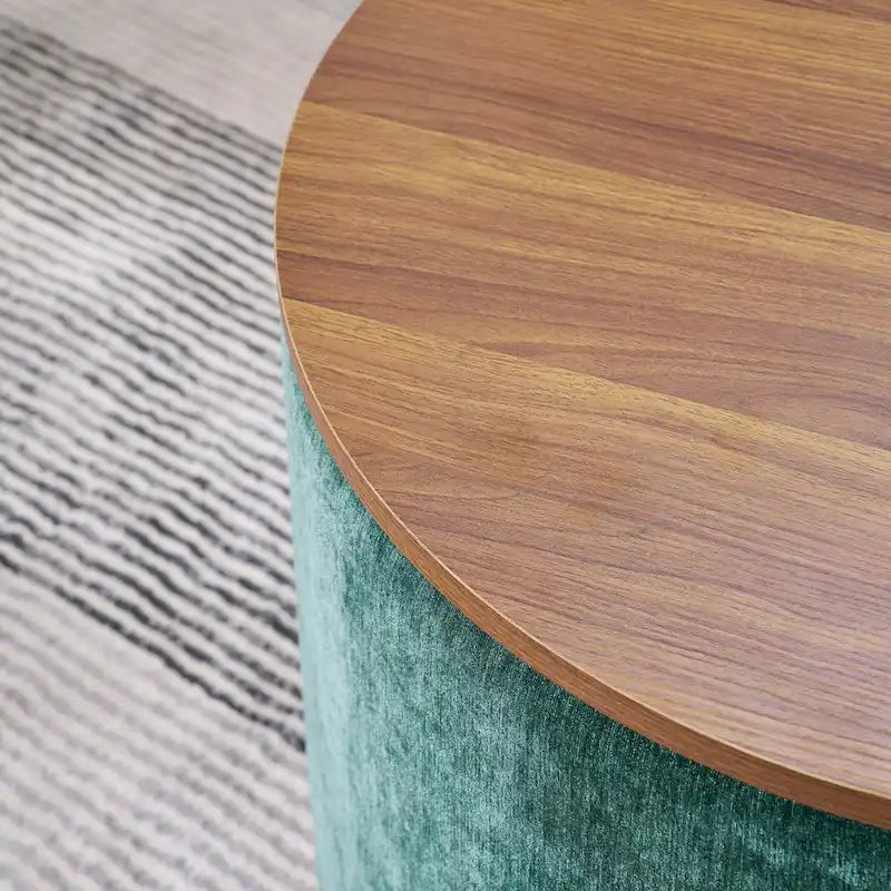 2-Piece Set Round Chenille Storage Ottoman, Equipped with a Drum Shaped Small Stool, Storage Space, and MDF Made Desktop Panel