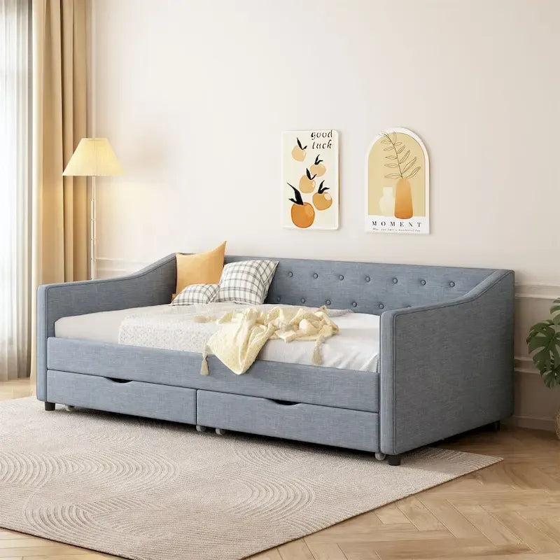 Letto a divano singolo con cassetti, imbottito e trapuntato