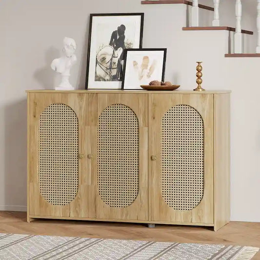 Retro 3-Door Sideboard with Rattan Doors and Metal Handles