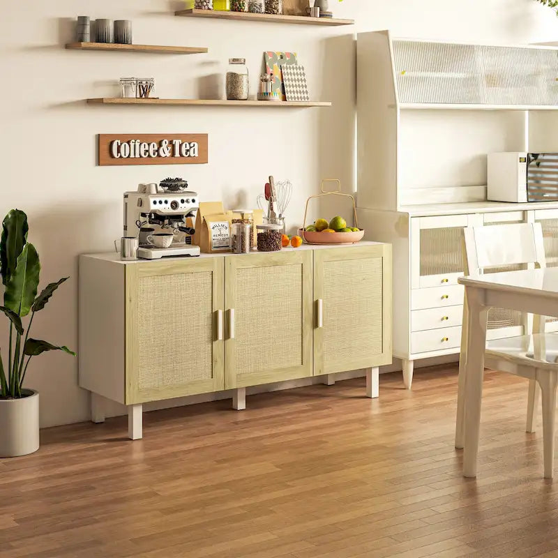 HOMCOM Madia Credenza, Mobile da Cucina, Mobile Bar con 3 Ante in Rattan e Ripiani Regolabili