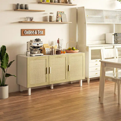 HOMCOM Madia Credenza, Mobile da Cucina, Mobile Bar con 3 Ante in Rattan e Ripiani Regolabili