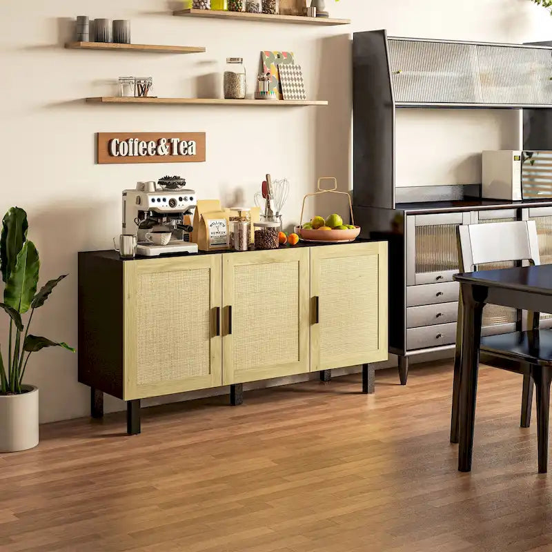HOMCOM Madia Credenza, Mobile da Cucina, Mobile Bar con 3 Ante in Rattan e Ripiani Regolabili
