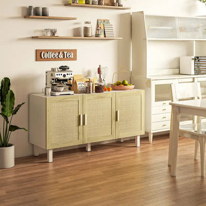 HOMCOM Sideboard Buffet Cabinet, Kitchen Cabinet, Coffee Bar Cabinet with 3 Rattan Doors and Adjustable Shelves