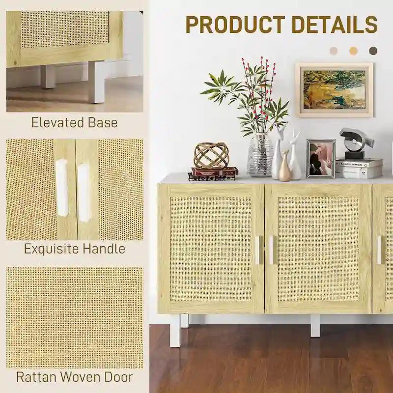 HOMCOM Madia Credenza, Mobile da Cucina, Mobile Bar con 3 Ante in Rattan e Ripiani Regolabili