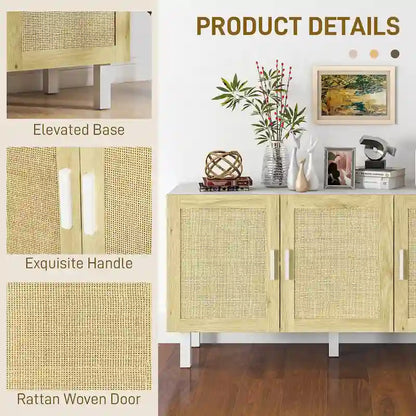 HOMCOM Madia Credenza, Mobile da Cucina, Mobile Bar con 3 Ante in Rattan e Ripiani Regolabili