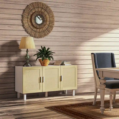 HOMCOM Madia Credenza, Mobile da Cucina, Mobile Bar con 3 Ante in Rattan e Ripiani Regolabili