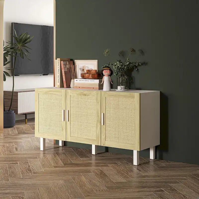 HOMCOM Madia Credenza, Mobile da Cucina, Mobile Bar con 3 Ante in Rattan e Ripiani Regolabili