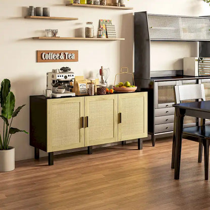 HOMCOM Madia Credenza, Mobile da Cucina, Mobile Bar con 3 Ante in Rattan e Ripiani Regolabili