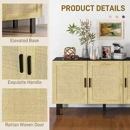 HOMCOM Madia Credenza, Mobile da Cucina, Mobile Bar con 3 Ante in Rattan e Ripiani Regolabili