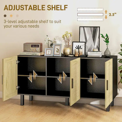 HOMCOM Madia Credenza, Mobile da Cucina, Mobile Bar con 3 Ante in Rattan e Ripiani Regolabili