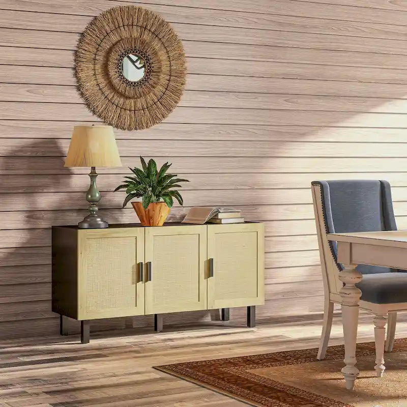 HOMCOM Madia Credenza, Mobile da Cucina, Mobile Bar con 3 Ante in Rattan e Ripiani Regolabili