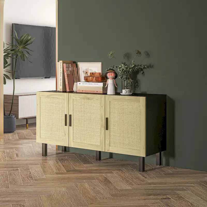 HOMCOM Madia Credenza, Mobile da Cucina, Mobile Bar con 3 Ante in Rattan e Ripiani Regolabili