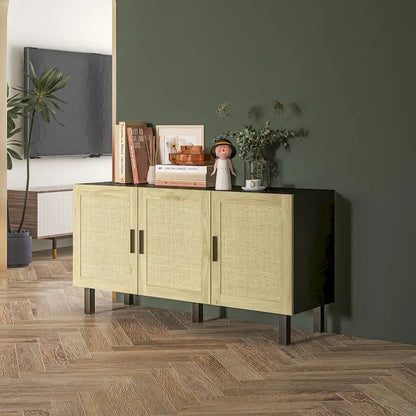 HOMCOM Madia Credenza, Mobile da Cucina, Mobile Bar con 3 Ante in Rattan e Ripiani Regolabili